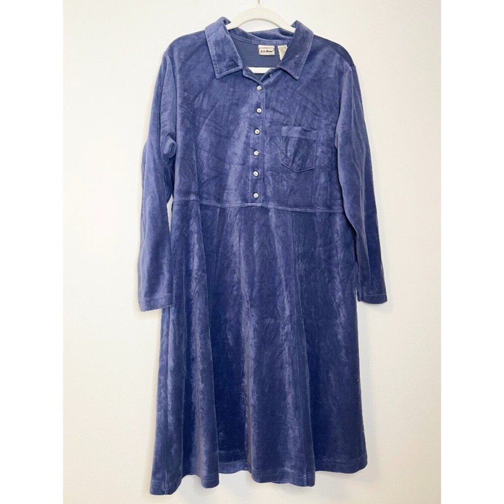 L.L.Bean Blue Velour Shirt Dress Women's Petite 18 Long Sleeve Collared Vintage